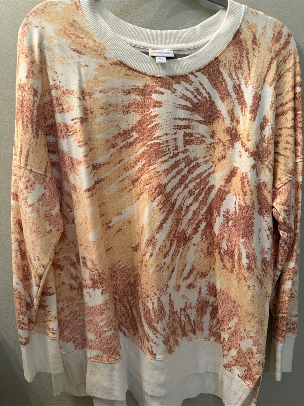 LuLaRoe Cream Hannah Sweatshirt with Rust Tie-Dye Pattern